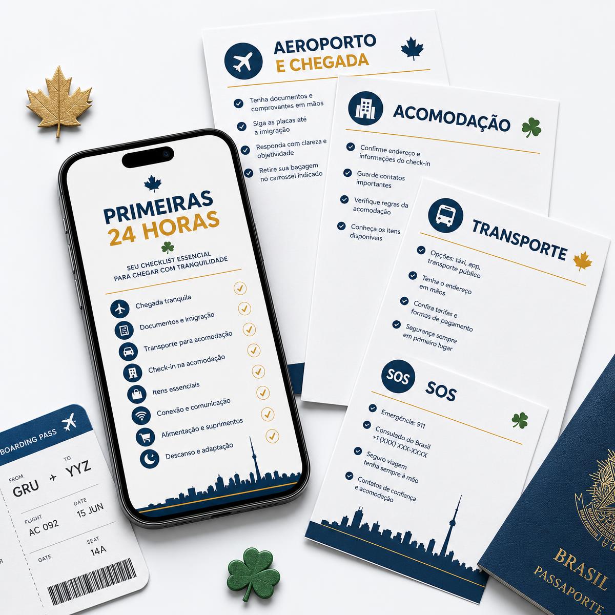 Fichas impressas e smartphone exibindo checklists dos primeiros dias de intercâmbio no Canadá e na Irlanda