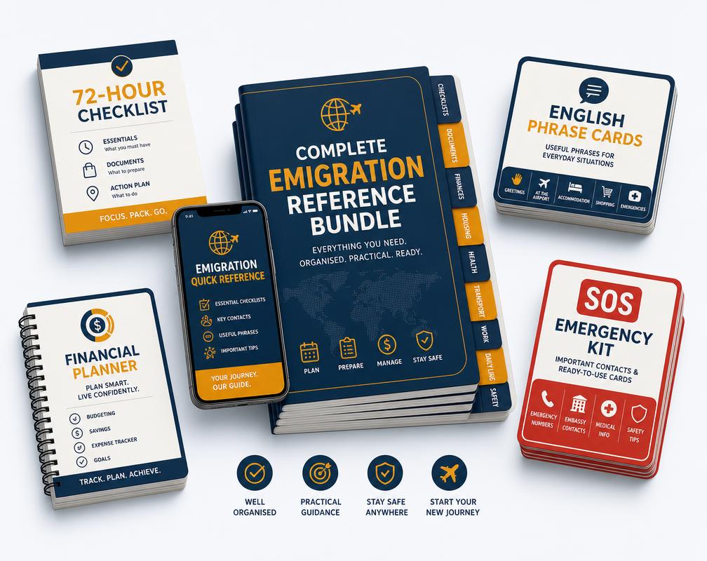 Pacote completo com as fichas principais, checklist das primeiras 72 horas, cards de inglês, planner financeiro e kit SOS